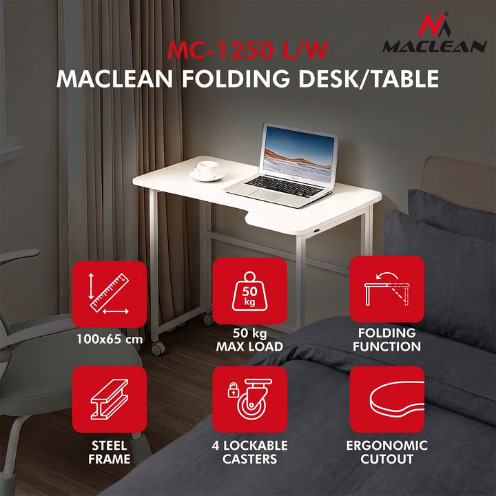 Birou pliabil Maclean, alb, mobil, 100x65 cm, max. 50 kg, în formă de L, MC-1250 L/W
