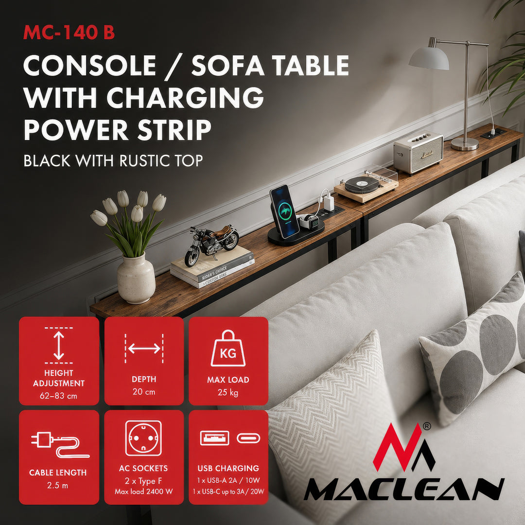 Consolă / măsuță cu priză de încărcare Maclean, neagră, cu blat rustic, înălțime reglabilă 62-83 cm, greutate maximă 25 kg, cablu de 2,5 m, MC-140 B