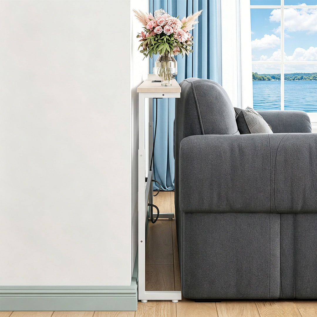 Consolă / măsuță cu priză de încărcare Maclean, albă cu blat deschis la culoare, înălțime reglabilă 62-83 cm, max. 25 kg, cablu de 2,5 m, MC-140 W