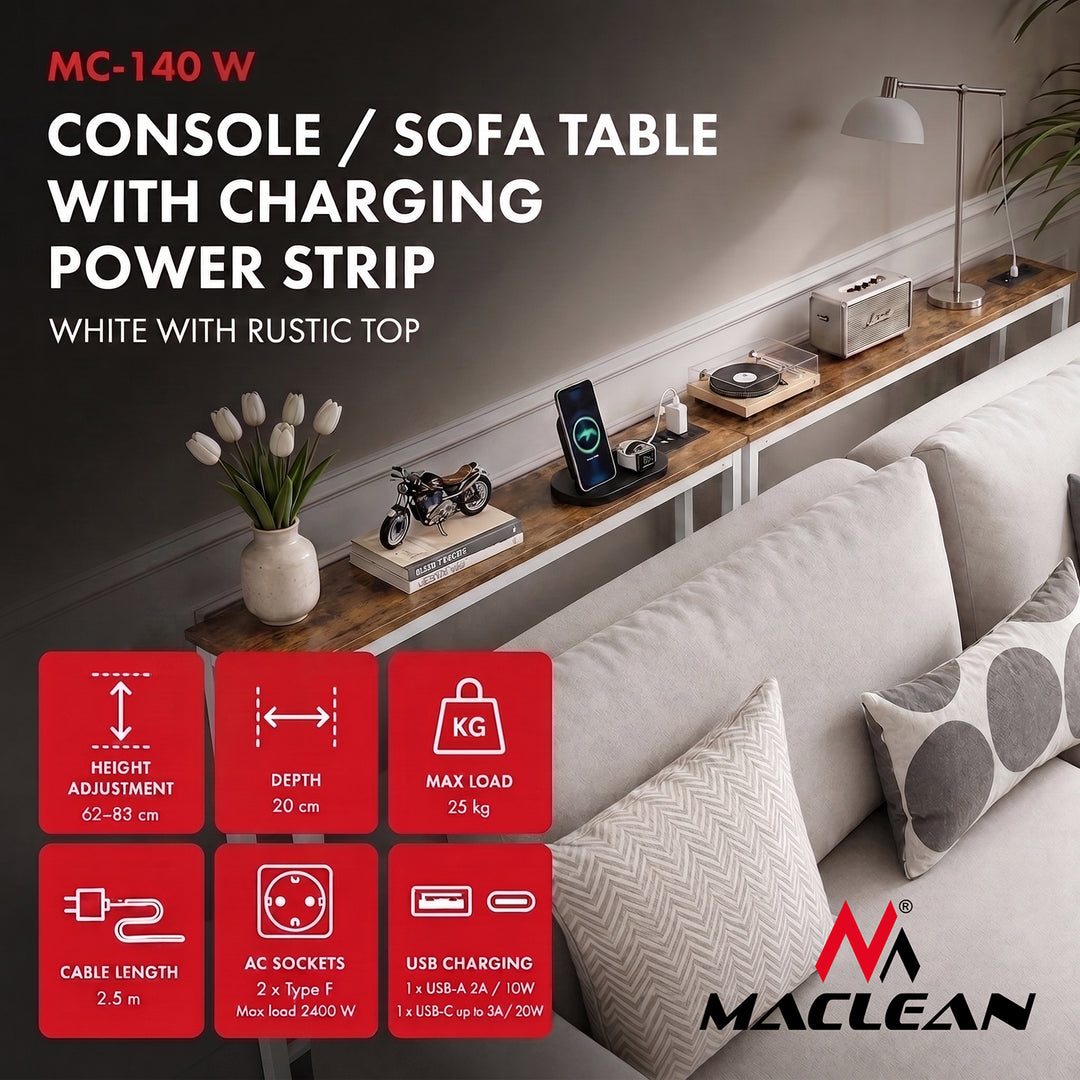 Consolă / măsuță cu priză de încărcare Maclean, albă cu blat deschis la culoare, înălțime reglabilă 62-83 cm, max. 25 kg, cablu de 2,5 m, MC-140 W