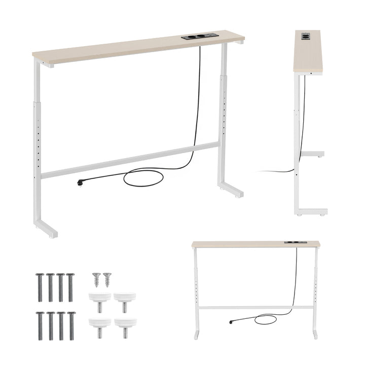 Consolă / măsuță cu priză de încărcare Maclean, albă cu blat deschis la culoare, înălțime reglabilă 62-83 cm, max. 25 kg, cablu de 2,5 m, MC-140 W