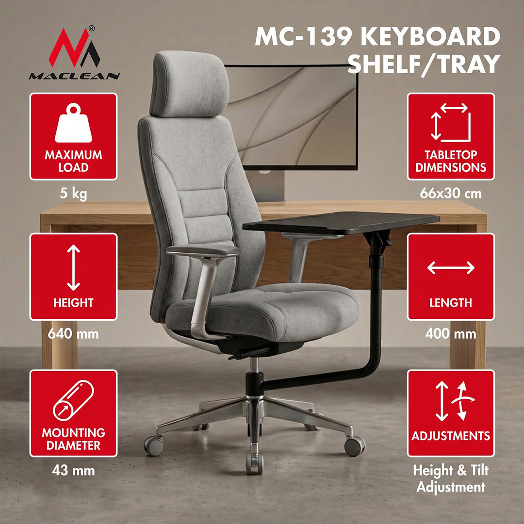 Raft / tavă pentru tastatură Maclean, negru, dimensiuni tavă 66x30 cm, pentru montare pe scaun de birou, max. 5 kg, MC-139