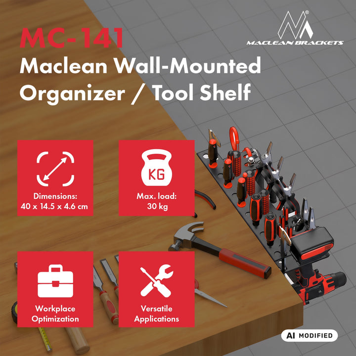 Organizator de perete / raft pentru scule Maclean, negru, dimensiuni 40x14,5x4,6 cm, max. 30 kg, MC-141