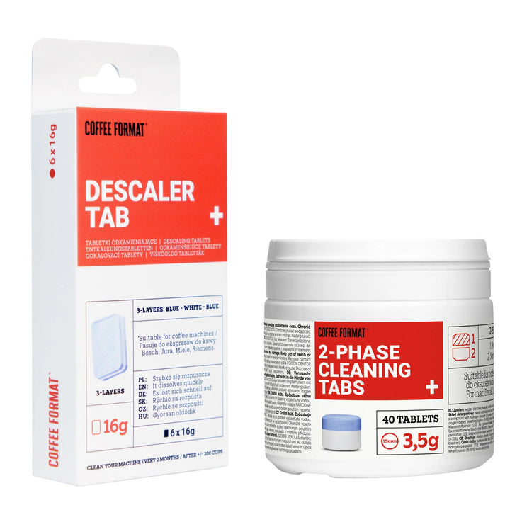 Set de tablete pentru curățarea aparatului de cafea, 2-phase Cleaning TABS+ 40x3,5g + tablete pentru decalcifierea aparatelor de cafea, Descaler Tab+ 6x16g