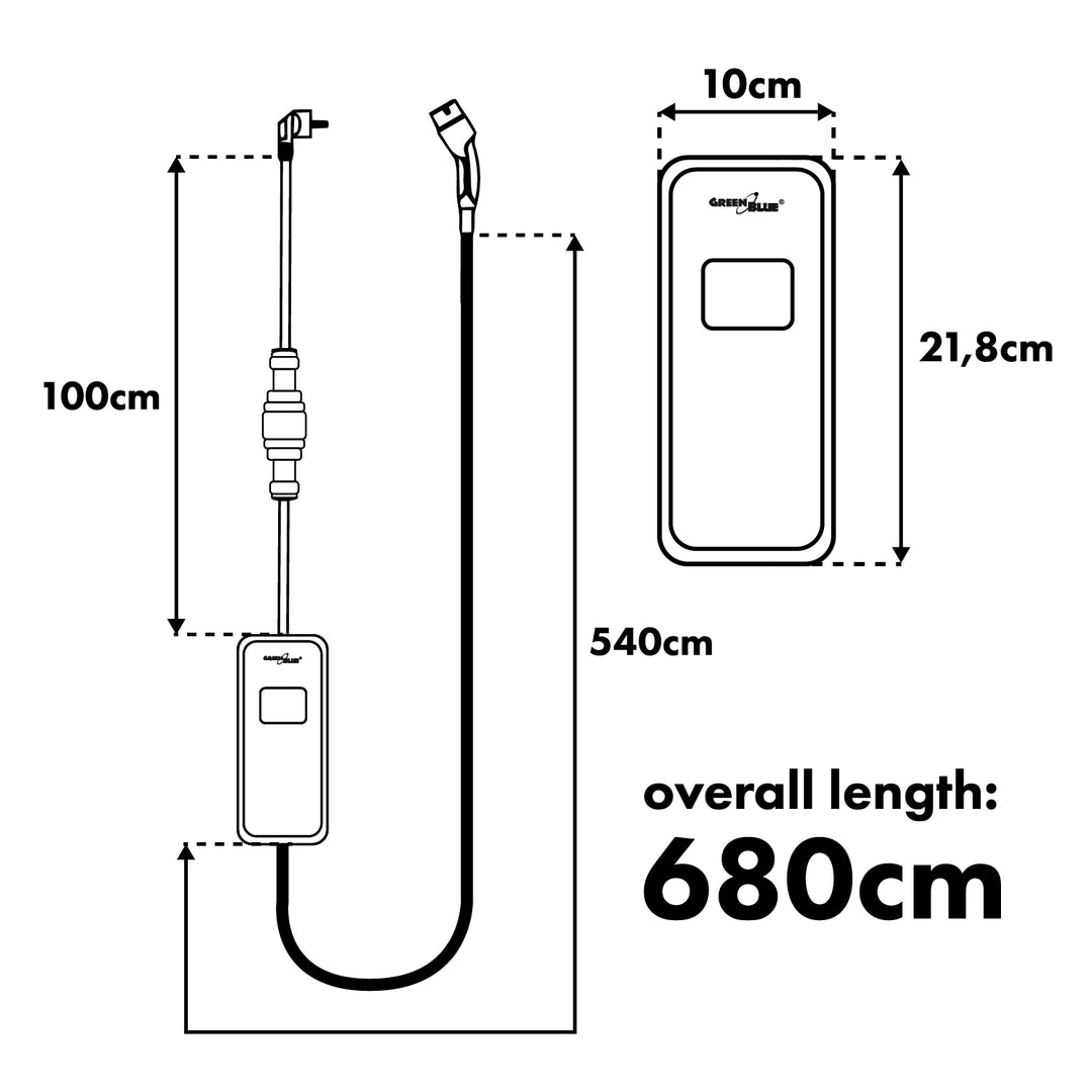 Încărcător pentru vehicule electrice (EV) / hibride plug-in (PHEV) GreenBlue, portabil, tip 2, lungime cablu 6,8 m, IP65, 11 kW, 220-380 V c.a. 50/60 Hz, 16 A, trifazic, GB1100