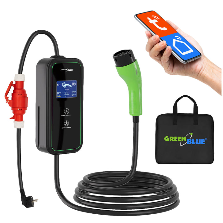 Încărcător pentru vehicule electrice (EV) / hibride plug-in (PHEV) GreenBlue, portabil, tip 2, lungime cablu 6,8 m, IP65, 11 kW, 220-380 V c.a. 50/60 Hz, 16 A, trifazic, GB1100