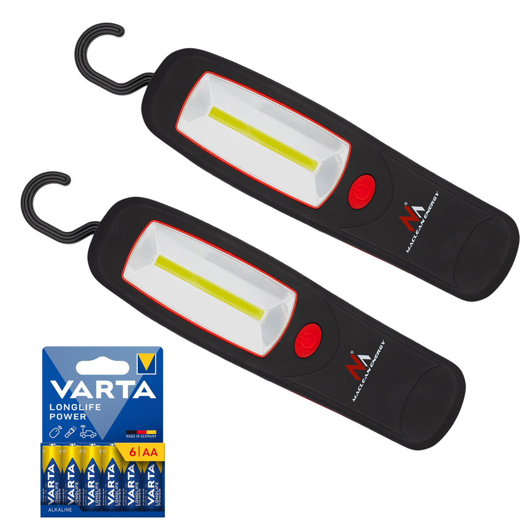 2 lămpi de atelier COB LED Maclean, cu magnet și cârlig, MCE03 + 6 baterii R-06 R06 AA LR06 de 1,5 V VARTA Longlife Power
