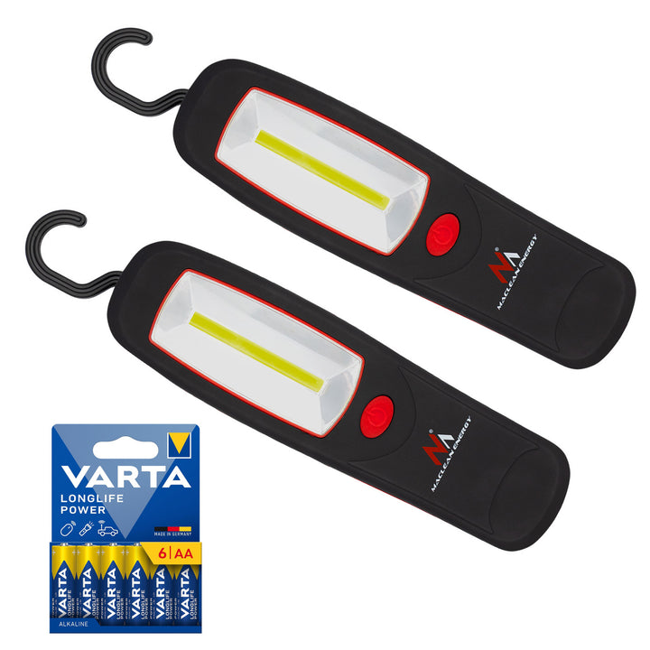 2 lămpi de atelier COB LED Maclean, cu magnet și cârlig, MCE03 + 6 baterii R-06 R06 AA LR06 de 1,5 V VARTA Longlife Power