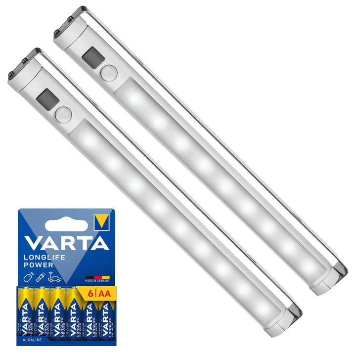 2x lampă LED de bucătărie Maclean, pentru montare sub dulap, 9 SMD, alimentată cu baterii, senzor PIR pentru pornire/oprire, MCE166 + 6x baterii R-06 R06 AA LR06 1,5 V VARTA Longlife Power