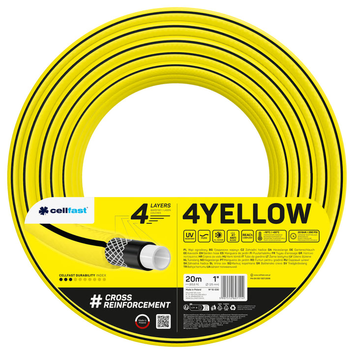 Furtun de grădină Cellfast, cu 4 straturi, rezistent la razele UV, diametru 1", lungime 20 m, 4YELLOW