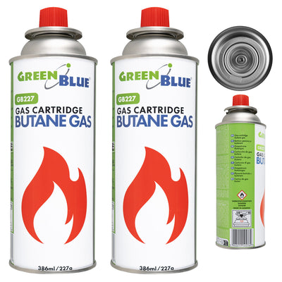 2 cartușe de gaz GreenBlue de 227 g. Certificat: Pi 0875, conform standardului EN417, butan, interval de funcționare de la -10 °C la +40 °C, GB227