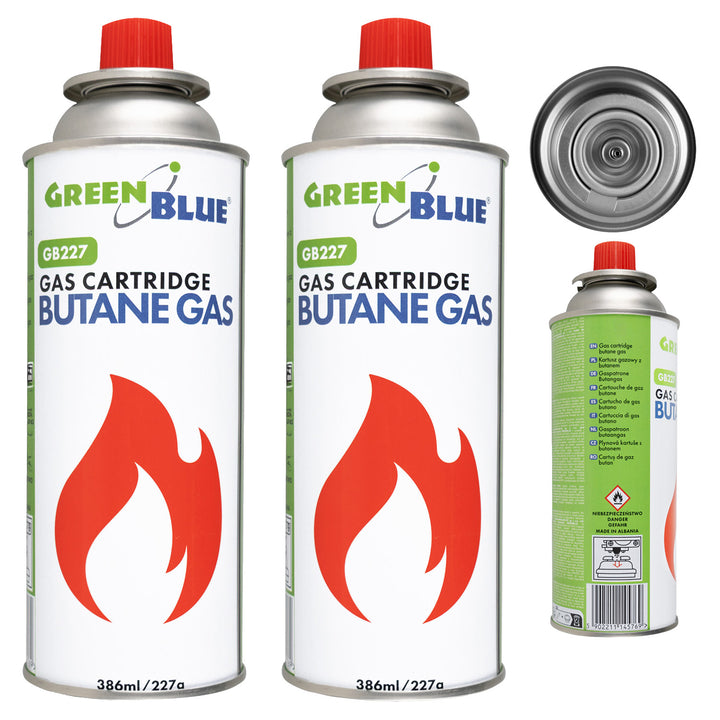 2 cartușe de gaz GreenBlue de 227 g. Certificat: Pi 0875, conform standardului EN417, butan, interval de funcționare de la -10 °C la +40 °C, GB227