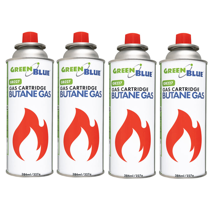 4 cartușe de gaz GreenBlue de 227 g. Certificat: Pi 0875, conform standardului EN417, butan, interval de funcționare de la -10 °C la +40 °C, GB227
