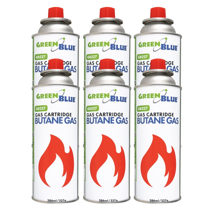 6 cartușe de gaz GreenBlue de 227 g. Certificat: Pi 0875, conform standardului EN417, butan, interval de funcționare de la -10 °C la +40 °C, GB227