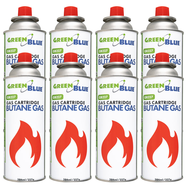 8 cartușe de gaz GreenBlue de 227 g. Certificat: Pi 0875, conform standardului EN417, butan, interval de funcționare de la -10 °C la +40 °C, GB227