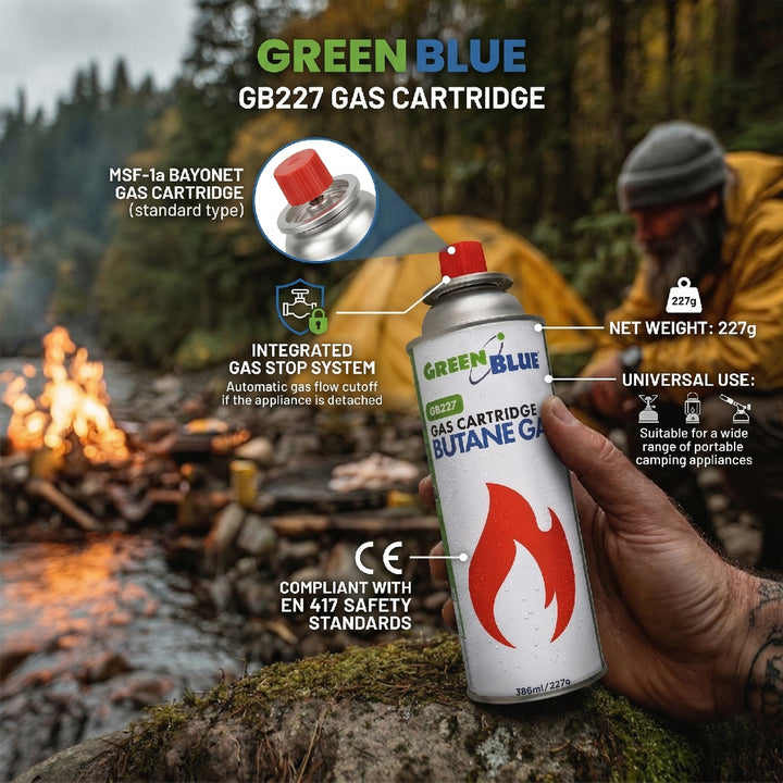 10 cartușe de gaz GreenBlue de 227 g. Certificat: Pi 0875, conform standardului EN417, butan, interval de funcționare de la -10 °C la +40 °C, GB227