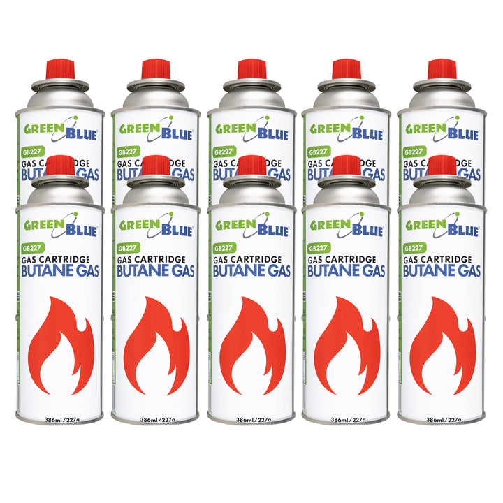 10 cartușe de gaz GreenBlue de 227 g. Certificat: Pi 0875, conform standardului EN417, butan, interval de funcționare de la -10 °C la +40 °C, GB227