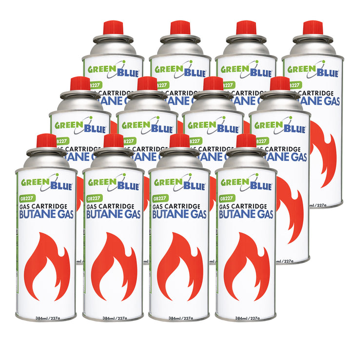 12 cartușe de gaz GreenBlue de 227 g. Certificat: Pi 0875, conform standardului EN417, butan, interval de funcționare de la -10 °C la +40 °C, GB227