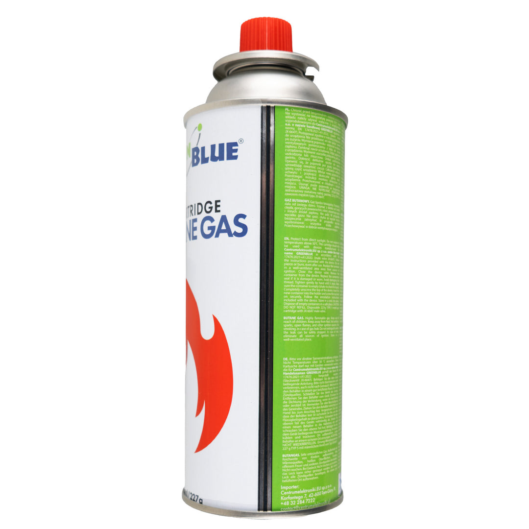 14 cartușe de gaz GreenBlue de 227 g. Certificat: Pi 0875, conform standardului EN417, butan, interval de funcționare de la -10 °C la +40 °C, GB227