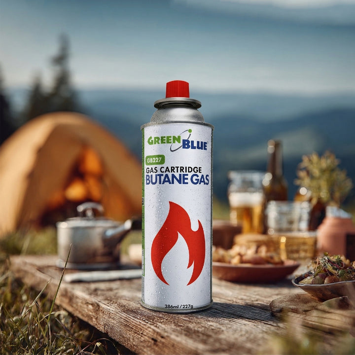 14 cartușe de gaz GreenBlue de 227 g. Certificat: Pi 0875, conform standardului EN417, butan, interval de funcționare de la -10 °C la +40 °C, GB227