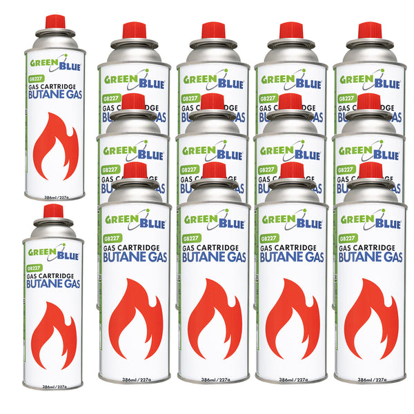 14 cartușe de gaz GreenBlue de 227 g. Certificat: Pi 0875, conform standardului EN417, butan, interval de funcționare de la -10 °C la +40 °C, GB227