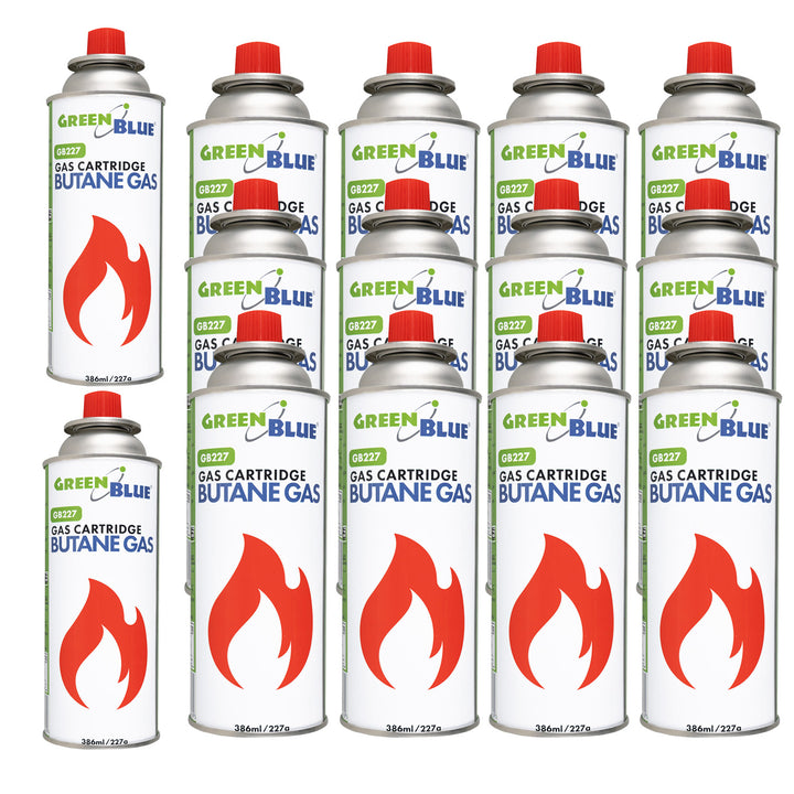 14 cartușe de gaz GreenBlue de 227 g. Certificat: Pi 0875, conform standardului EN417, butan, interval de funcționare de la -10 °C la +40 °C, GB227