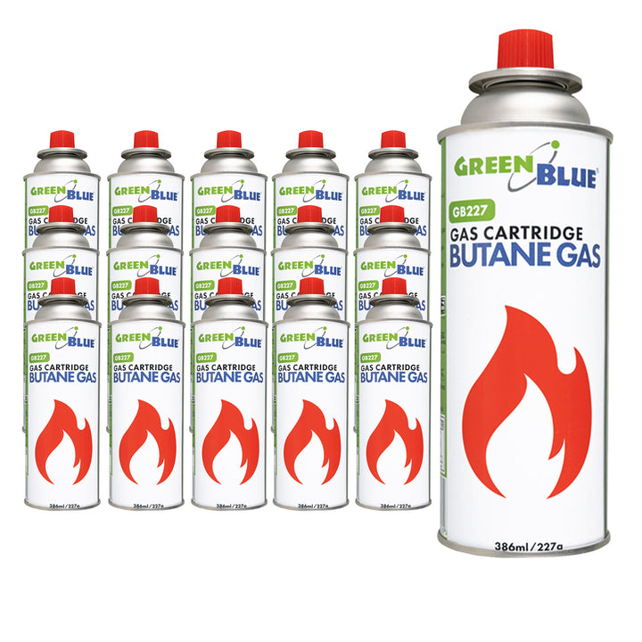 16 cartușe de gaz GreenBlue de 227 g. Certificat: Pi 0875, conform standardului EN417, butan, interval de funcționare de la -10 °C la +40 °C, GB227