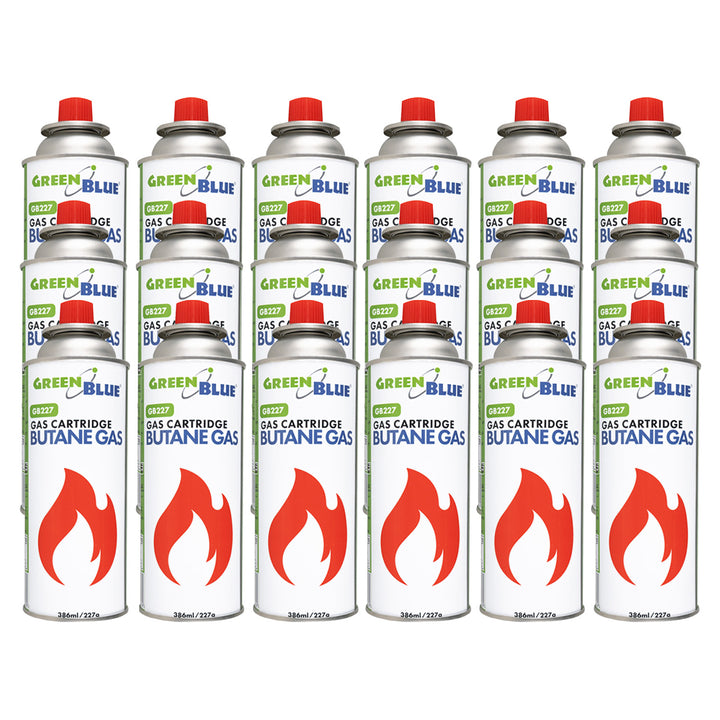 18 cartușe de gaz GreenBlue de 227 g. Certificat: Pi 0875, conform standardului EN417, butan, interval de funcționare de la -10 °C la +40 °C, GB227