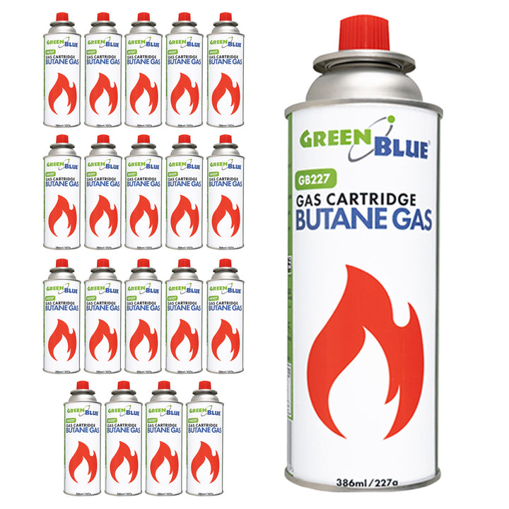 20 de cartușe de gaz GreenBlue de 227 g. Certificat: Pi 0875, conform standardului EN417, butan, interval de funcționare de la -10 °C la +40 °C, GB227