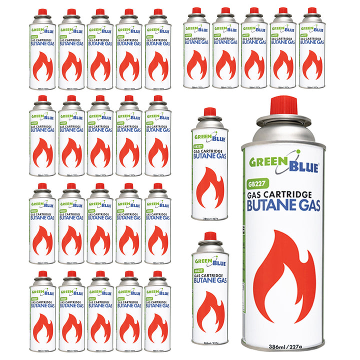 28 de cartușe de gaz de 227 g GreenBlue. Certificat: Pi 0875, conform standardului EN417, butan, interval de funcționare de la -10 °C la +40 °C, GB227