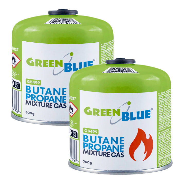 2 cartușe de gaz GreenBlue de 500 g. Certificat: Pi 0437, conform cu EN417, butan-propan, interval de temperatură de la -10 °C la +40 °C, robinet filetat 7/16'' GB499
