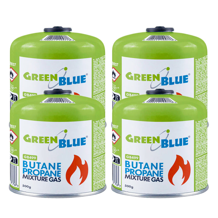 4 cartușe de gaz GreenBlue de 500 g. Certificat: Pi 0437, conform cu EN417, butan-propan, interval de temperatură de la -10 °C la +40 °C, robinet filetat 7/16'' GB499