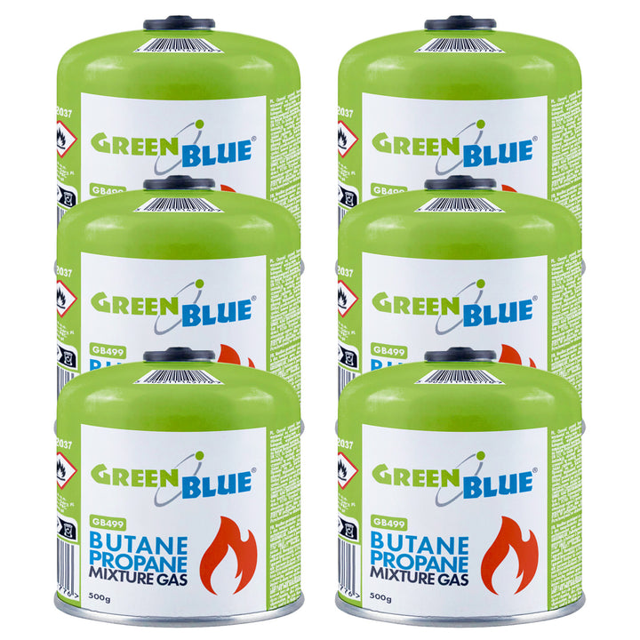 6 cartușe de gaz GreenBlue de 500 g. Certificat: Pi 0437, conform cu EN417, butan-propan, interval de temperatură de la -10 °C la +40 °C, robinet filetat 7/16'' GB499
