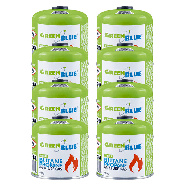 8 cartușe de gaz GreenBlue de 500 g. Certificat: Pi 0437, conform cu EN417, butan-propan, interval de temperatură de la -10 °C la +40 °C, supapă filetată 7/16'' GB499