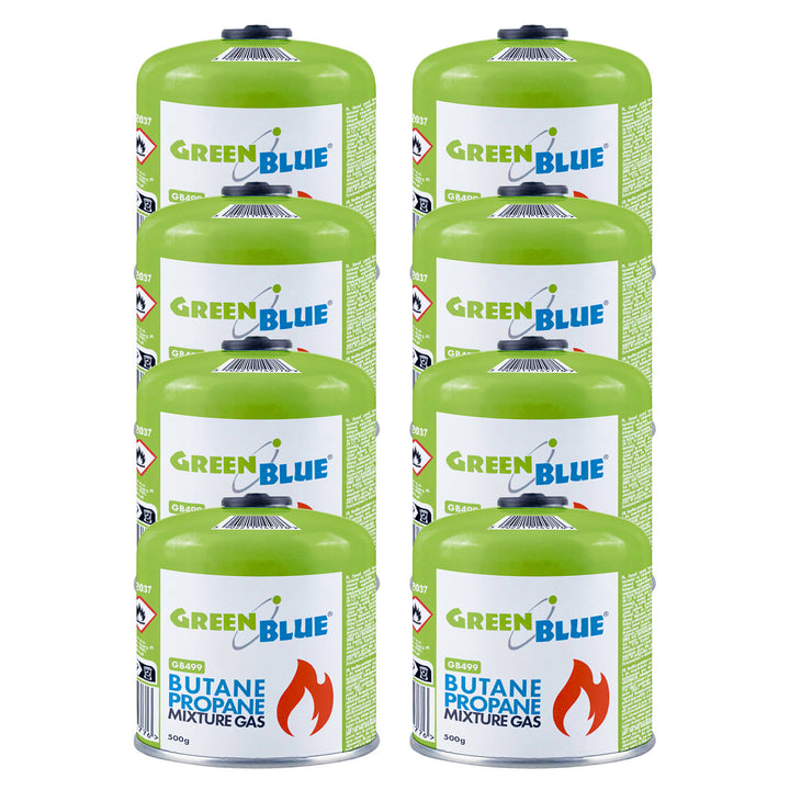 8 cartușe de gaz GreenBlue de 500 g. Certificat: Pi 0437, conform cu EN417, butan-propan, interval de temperatură de la -10 °C la +40 °C, supapă filetată 7/16'' GB499