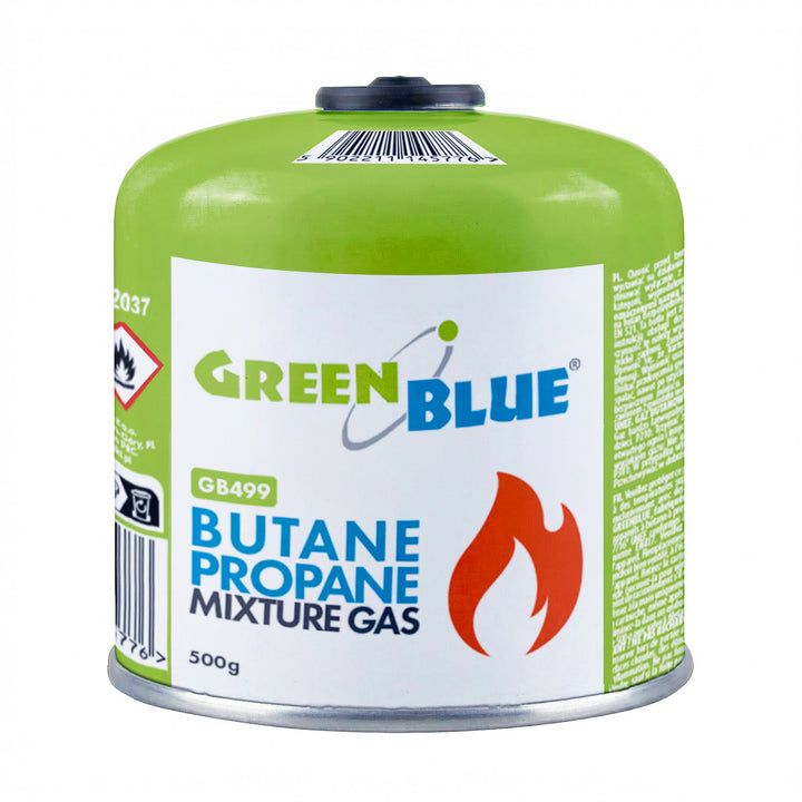 10 cartușe de gaz GreenBlue de 500 g. Certificat: Pi 0437, conform cu EN417, butan-propan, interval de temperatură de la -10 °C la +40 °C, robinet filetat 7/16'' GB499