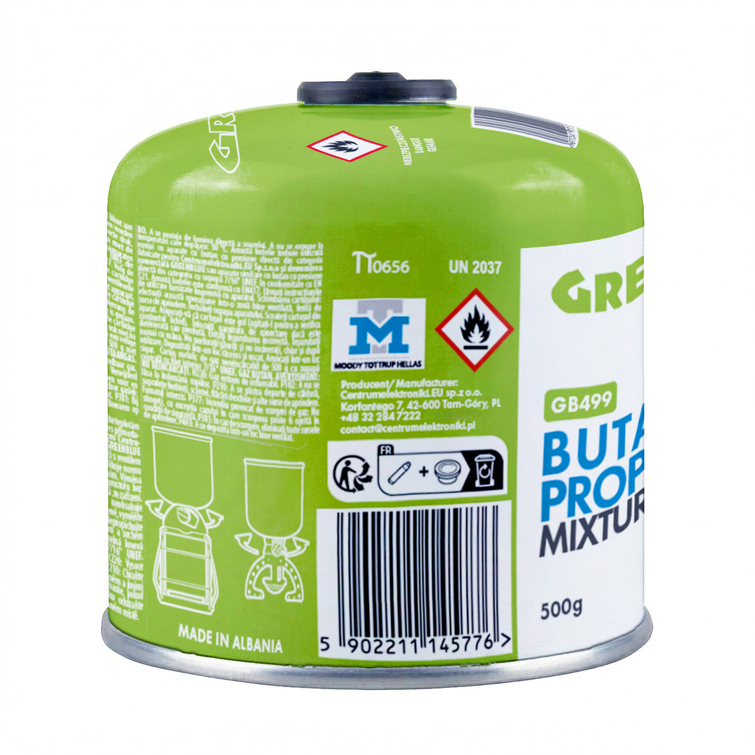 10 cartușe de gaz GreenBlue de 500 g. Certificat: Pi 0437, conform cu EN417, butan-propan, interval de temperatură de la -10 °C la +40 °C, robinet filetat 7/16'' GB499