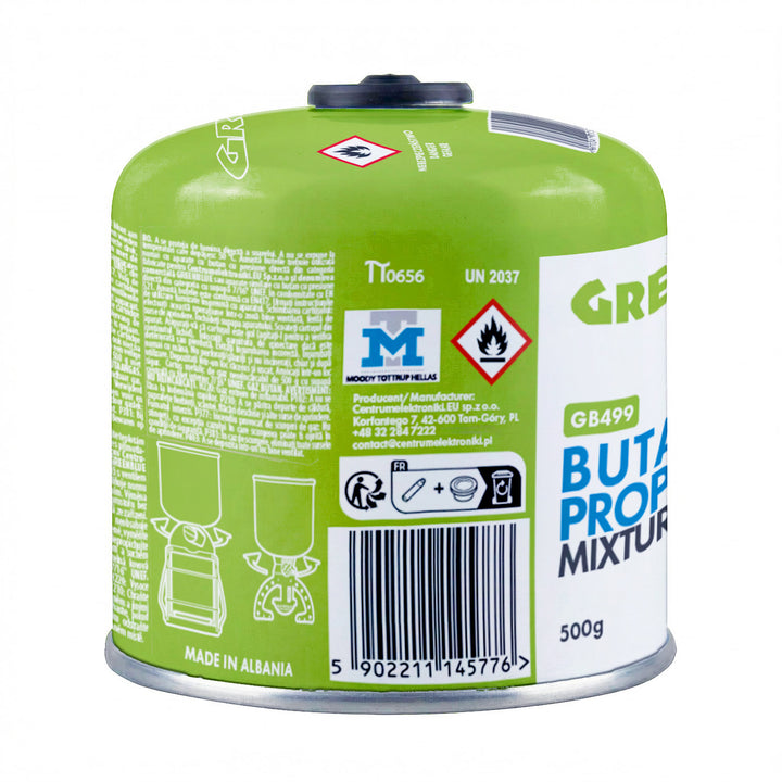10 cartușe de gaz GreenBlue de 500 g. Certificat: Pi 0437, conform cu EN417, butan-propan, interval de temperatură de la -10 °C la +40 °C, robinet filetat 7/16'' GB499