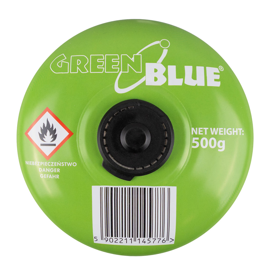 10 cartușe de gaz GreenBlue de 500 g. Certificat: Pi 0437, conform cu EN417, butan-propan, interval de temperatură de la -10 °C la +40 °C, robinet filetat 7/16'' GB499