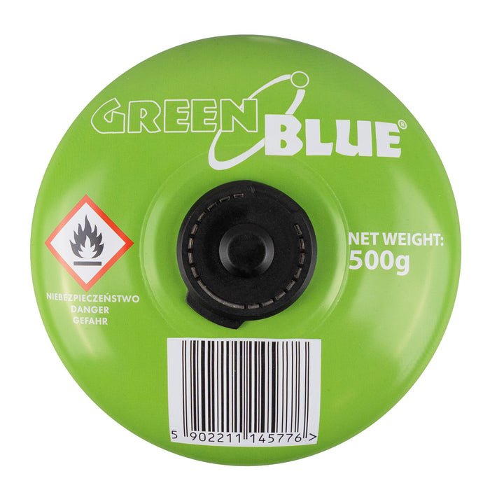 10 cartușe de gaz GreenBlue de 500 g. Certificat: Pi 0437, conform cu EN417, butan-propan, interval de temperatură de la -10 °C la +40 °C, robinet filetat 7/16'' GB499