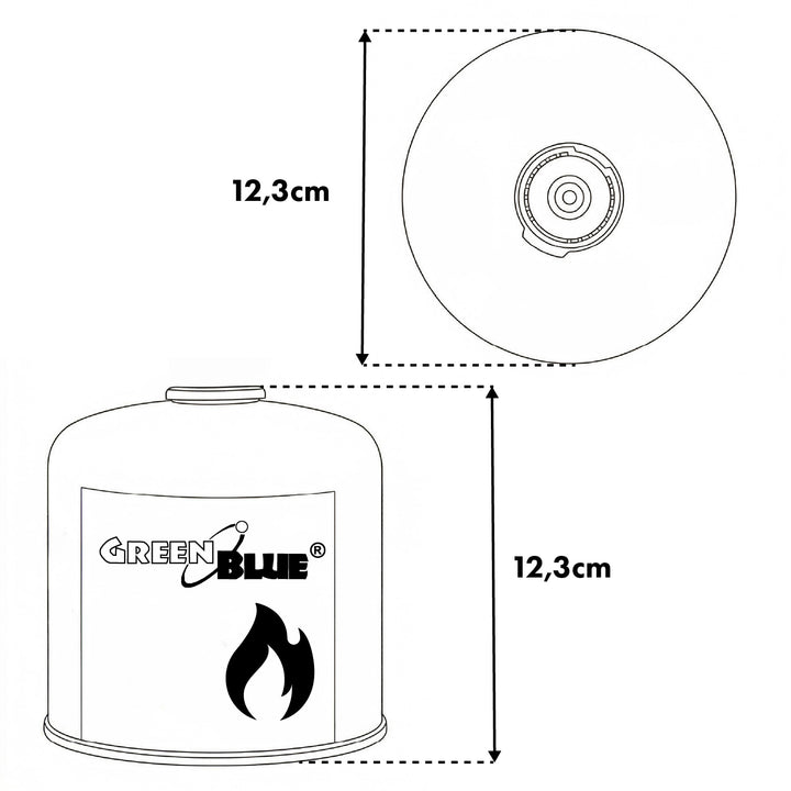 10 cartușe de gaz GreenBlue de 500 g. Certificat: Pi 0437, conform cu EN417, butan-propan, interval de temperatură de la -10 °C la +40 °C, robinet filetat 7/16'' GB499