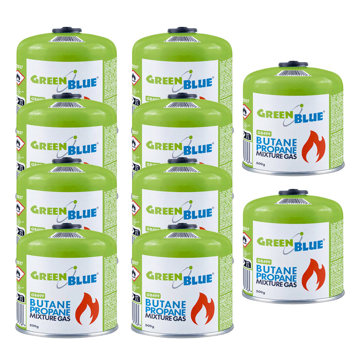 10 cartușe de gaz GreenBlue de 500 g. Certificat: Pi 0437, conform cu EN417, butan-propan, interval de temperatură de la -10 °C la +40 °C, robinet filetat 7/16'' GB499
