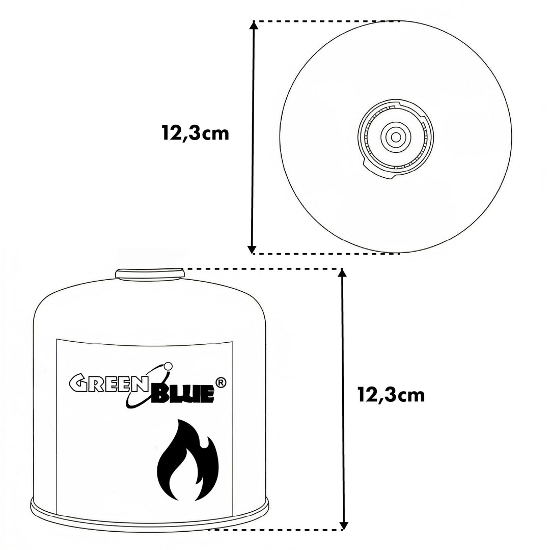12 cartușe de gaz de 500 g GreenBlue. Certificat: Pi 0437, conform cu EN417, butan-propan, interval de temperatură de la -10 °C la +40 °C, robinet filetat 7/16'' GB499