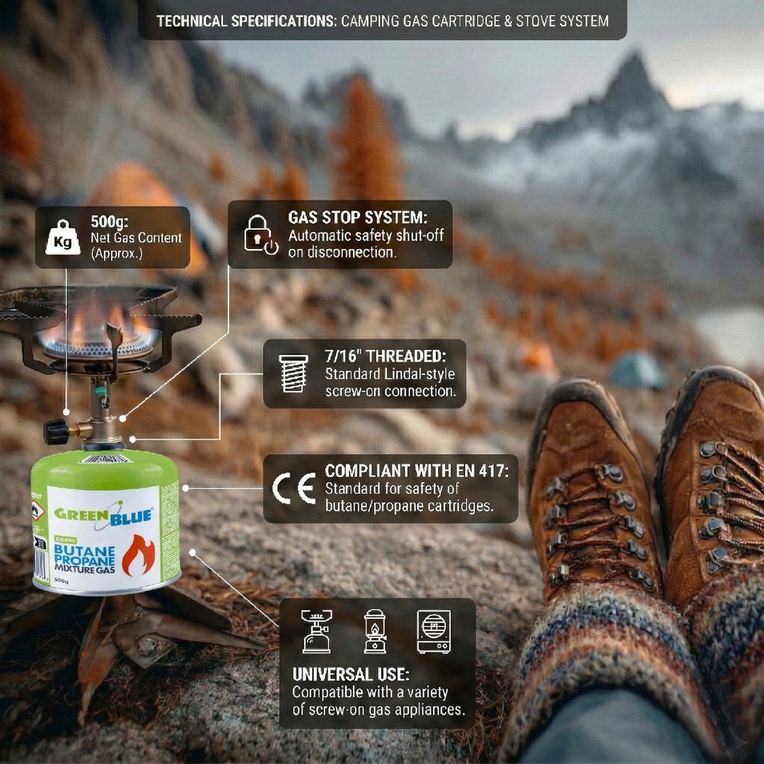 12 cartușe de gaz de 500 g GreenBlue. Certificat: Pi 0437, conform cu EN417, butan-propan, interval de temperatură de la -10 °C la +40 °C, robinet filetat 7/16'' GB499