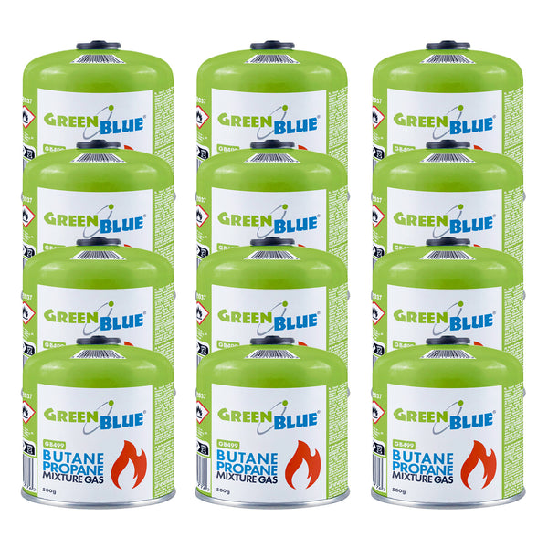 12 cartușe de gaz de 500 g GreenBlue. Certificat: Pi 0437, conform cu EN417, butan-propan, interval de temperatură de la -10 °C la +40 °C, robinet filetat 7/16'' GB499