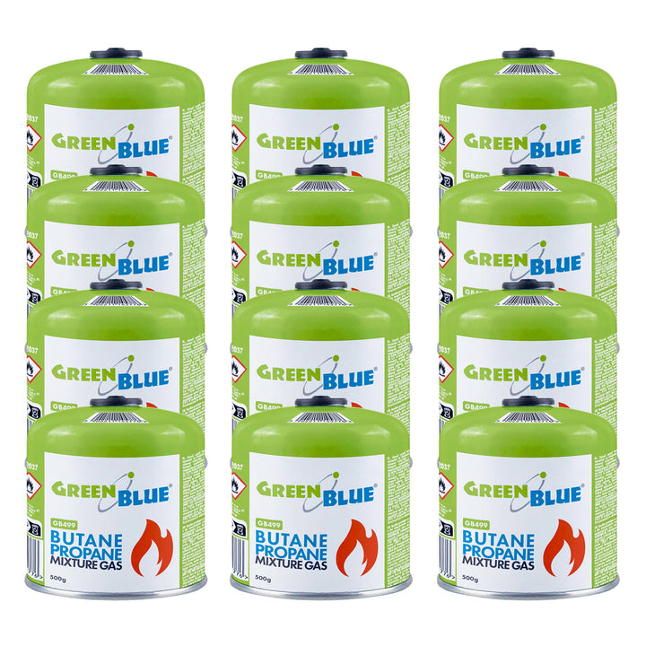 12 cartușe de gaz de 500 g GreenBlue. Certificat: Pi 0437, conform cu EN417, butan-propan, interval de temperatură de la -10 °C la +40 °C, robinet filetat 7/16'' GB499