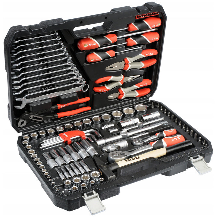 Set profesional de scule Yato, 122 de piese (chei tubulare, capete de chei, șurubelnițe, ciocan), șurubelnițe cu vârfuri magnetice și călite, YT-38901