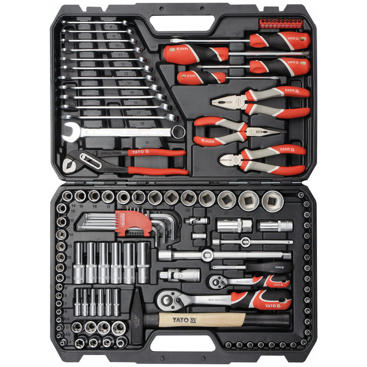Set profesional de scule Yato, 122 de piese (chei tubulare, capete de chei, șurubelnițe, ciocan), șurubelnițe cu vârfuri magnetice și călite, YT-38901
