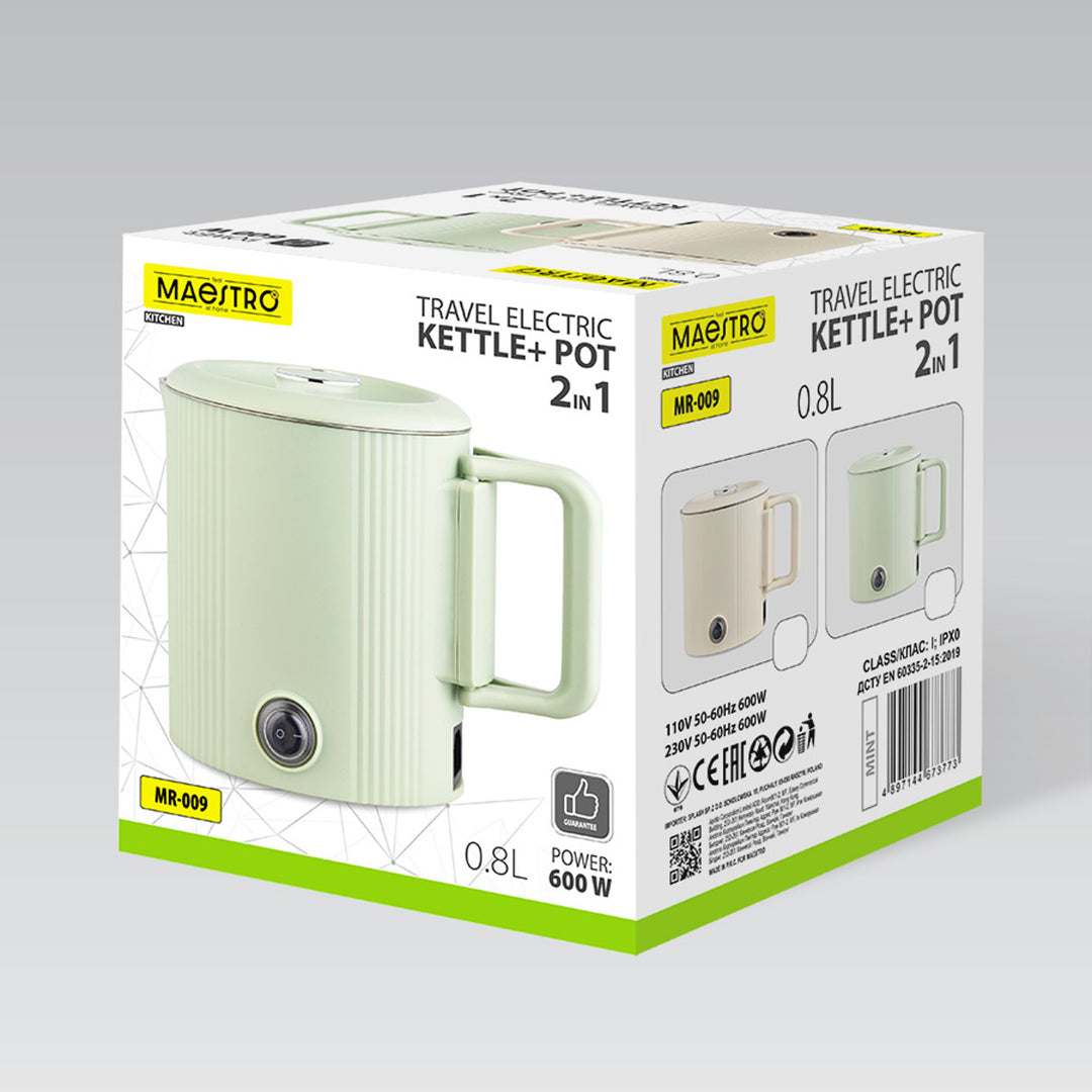 Ceainic electric / oală de călătorie Maestro, 2 în 1, capacitate 0,8 l, putere 600 W, mâner pliabil, comutator de tensiune 110 V/230 V, culoare bej, MR-009-BEIGE