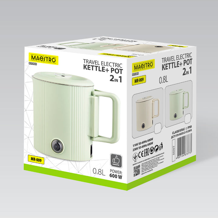 Ceainic electric / oală de călătorie Maestro, 2 în 1, capacitate 0,8 l, putere 600 W, mâner pliabil, comutator de tensiune 110 V/230 V, culoare bej, MR-009-BEIGE